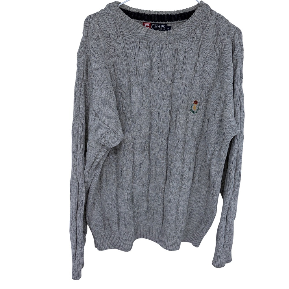 Vintage Chaps Ralph Lauren Cable Knit Crewneck Sweater Medium Gray Cotton‎ 90s